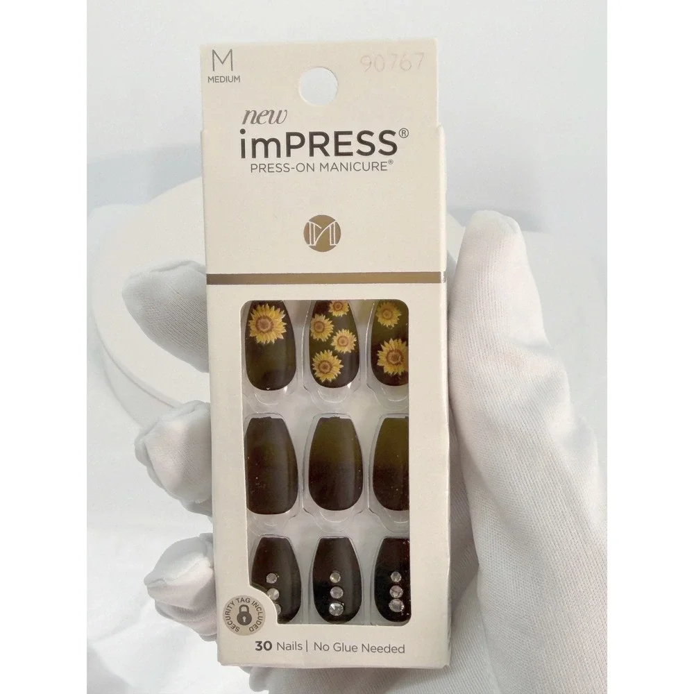 imPRESS Press-On Manicure Festival Night‎ Matte Black Sunflower Rhinestone 93-30